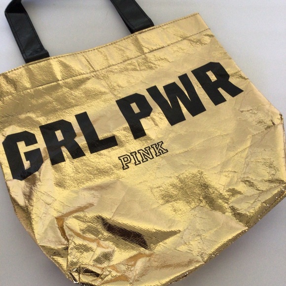 RARE VICTORIAS SECRET PINK METALLIC GOLD REUSABLE TOTE - Picture 3 of 8